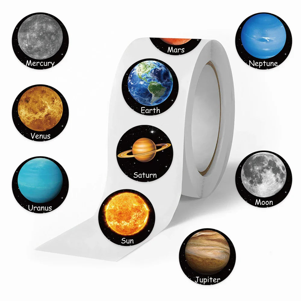 500pcs/roll Cute Cartoon Out Space Planets Stickers Kids Students Reward Decals Luggage Laptop Guitar Vinyl Decals (10 Patterns) (ONLINE ORDER ONLY)