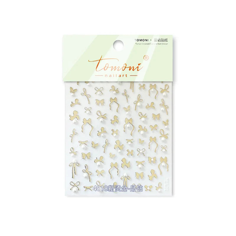 Simple Line Bowknot Red Gold Silver Laser Pink Hot Stamping 3D Self Adhesive Nail Art Stickers Pearl Rhinestone Manicure Decals (ONLINE ORDER ONLY)