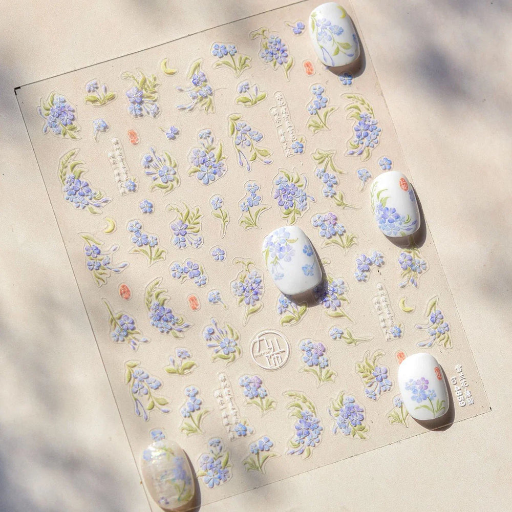 Vibrant and Lively Pullulate Purple Blue Snow Orchid Flower Garden Springtime Adhesive Nail Art Sticker Chic 3D Manicure Decals (Online Order Only)