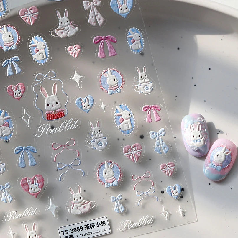 Cute Rabbit Fan Peach Blossom Teacup Lollipop Strawberry Star Cherry Hat Soft Embossed Adhesive Nail Art Stickers Manicure Decal (ONLINE ORDER ONLY)