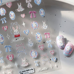 Cute Rabbit Fan Peach Blossom Teacup Lollipop Strawberry Star Cherry Hat Soft Embossed Adhesive Nail Art Stickers Manicure Decal (ONLINE ORDER ONLY)