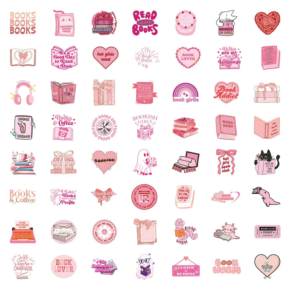 10/30/60PCS Cute Pink Reading Book Bookish Stickers Cartoon Decals DIY Decoration Notebook Laptop Phone Luggage Car Graffiti Toy (Online Order Only)