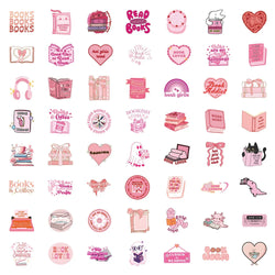 10/30/60PCS Cute Pink Reading Book Bookish Stickers Cartoon Decals DIY Decoration Notebook Laptop Phone Luggage Car Graffiti Toy (Online Order Only)