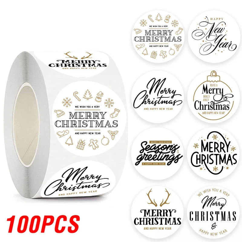 100-500pcs Merry Christmas Sticker , Round Adhesive Decoration Sticker for Cards Envelope Seal Xmas Gift Wraps Box Bags (ONLINE ORDER ONLY)
