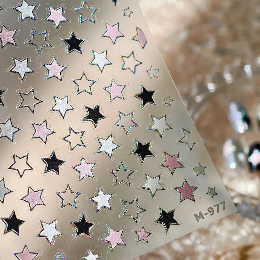 Punk Star Shiny Laser Five-pointed Star White Black Pink Hollow Out Delicate Sparkle Adhesive Nail Art Stickers Manicure Decals (ONLINE ORDER ONLY)