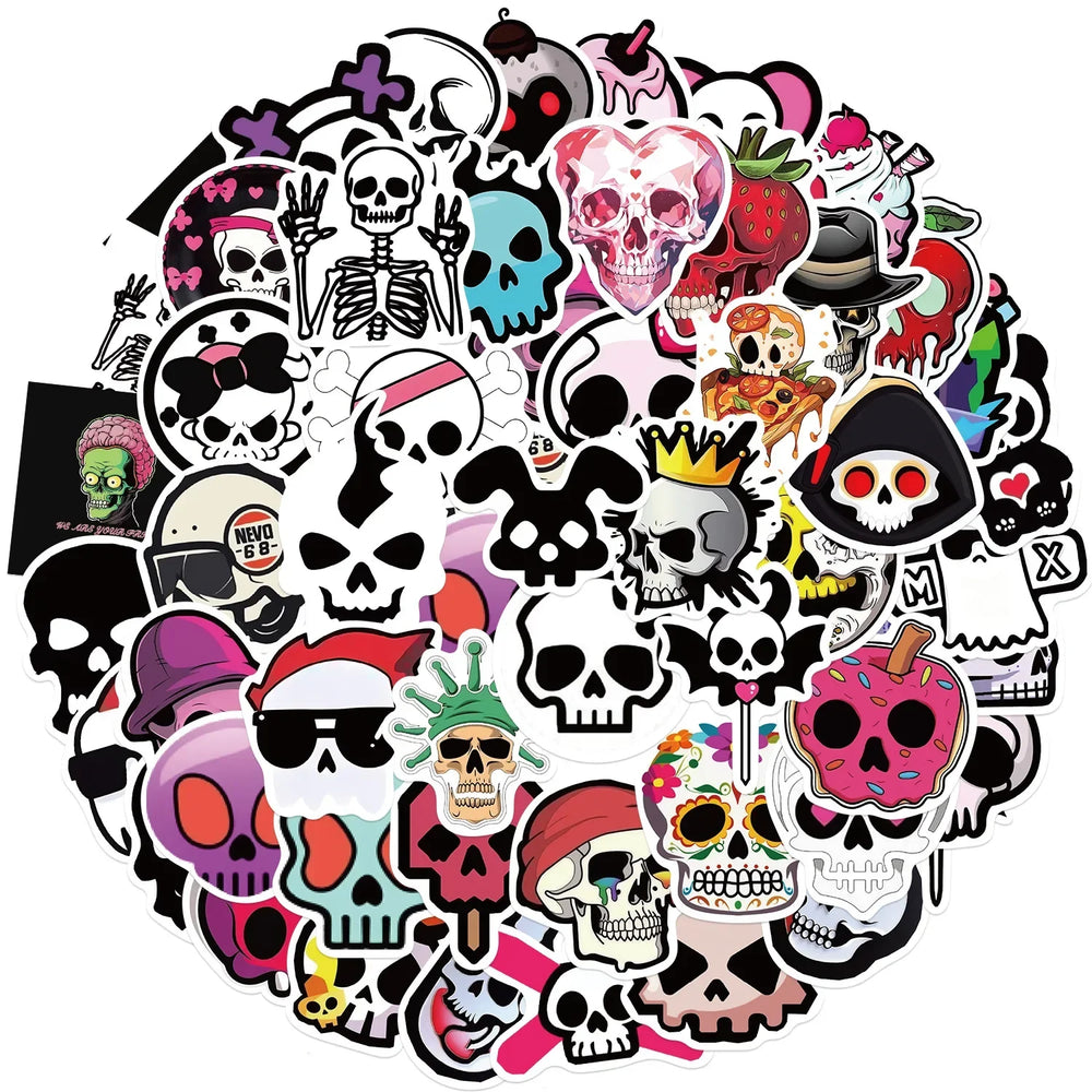Cartoon Skull Stickers: Skeleton Head Decals for Laptop, Motorcycle, Luggage, Snowboard, Fridge, Phone, Car (10/30/52pcs) (ONLINE ORDER ONLY)