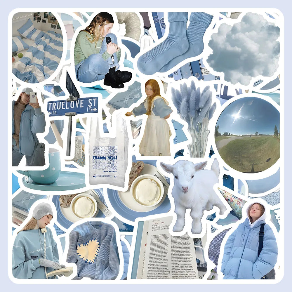 10/30/60PCS Ins Style Simple Blue Stickers Cute Cartoon Decal DIY Notebook Phone Fridge Suitcase Skateboard Car Sticker Kids Toy (Online Order Only)
