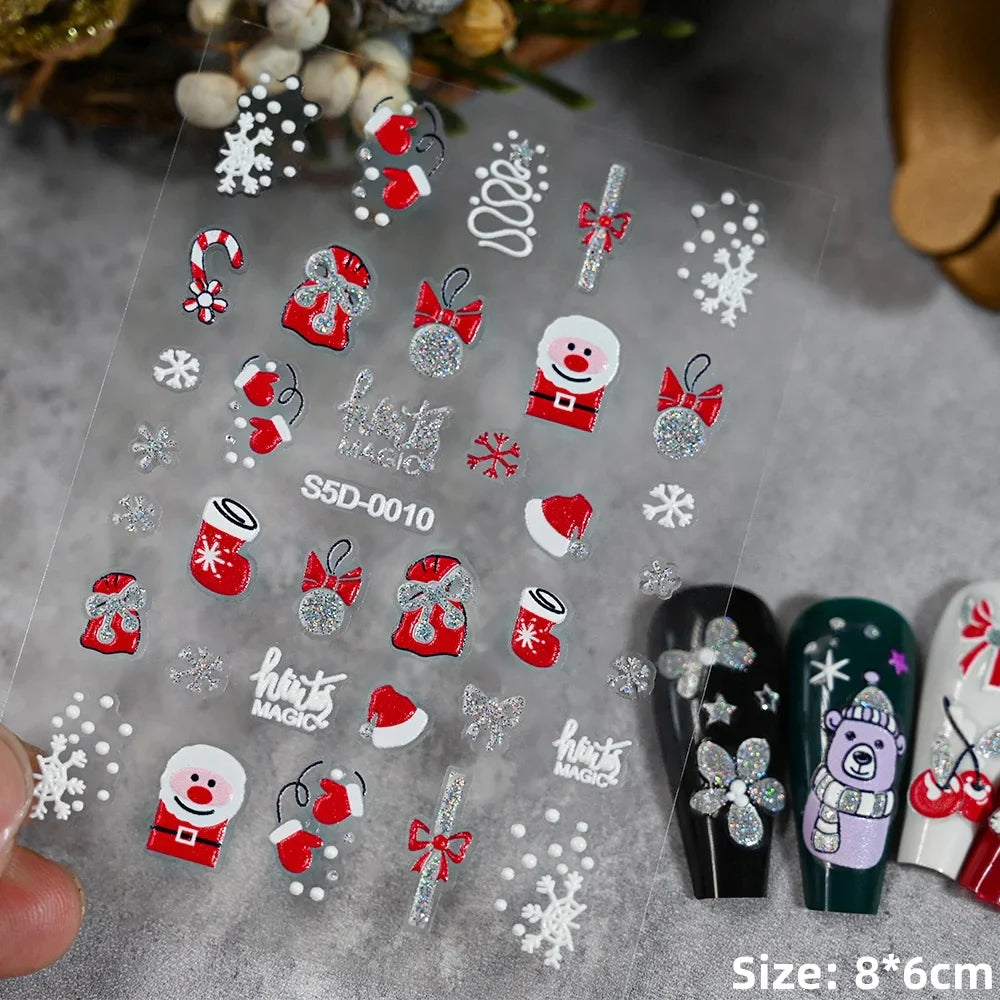 5D Embossed Gingerbread Man Nail Art Sticker Cute Christmas Winter Santa Claus Snowflake Elk Engraved Slider Manicure Decoration (ONLINE ORDER ONLY)
