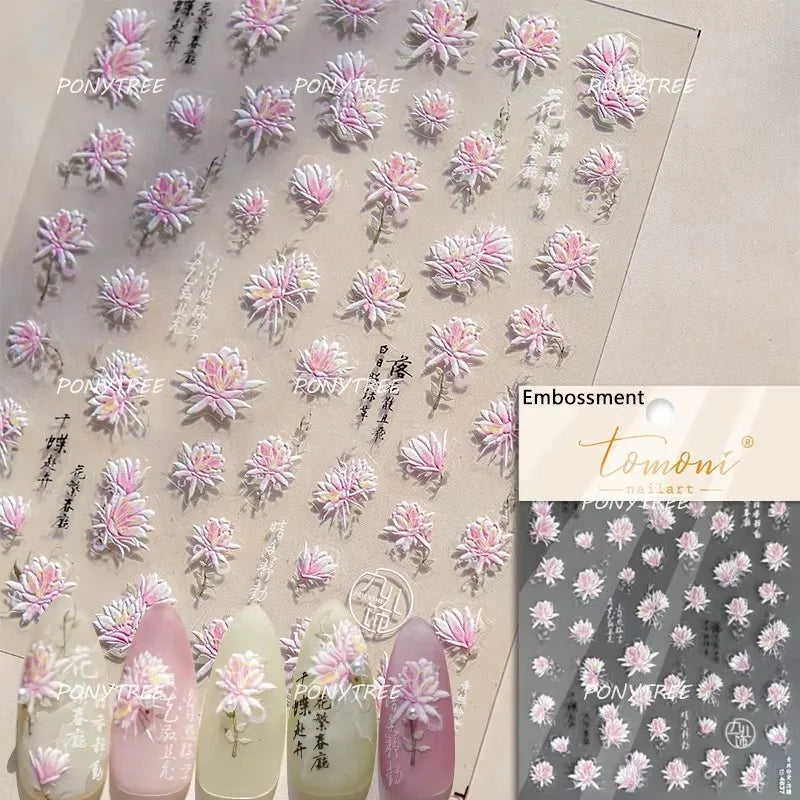 Trumpet Creeper White Flower Purple Leaves Antique Special Characters 5D Soft Relief Adhesive Nail Art Stickers Manicure Decals (ONLINE ORDER ONLY)