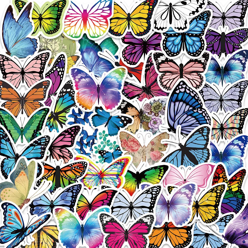 50PCS Colorful Butterfly Waterproof Stickers for Phone, Fridge, Guitar, Motorcycle, Luggage (ONLINE ORDER ONLY)