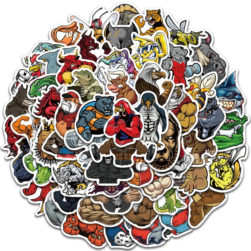 60pcs Cool Cartoon Muscle Animals Stickers For Laptop Luggage Phone Skateboard Waterproof Graffiti Bicycle Helmet Car Decals (ONLINE ORDER ONLY)
