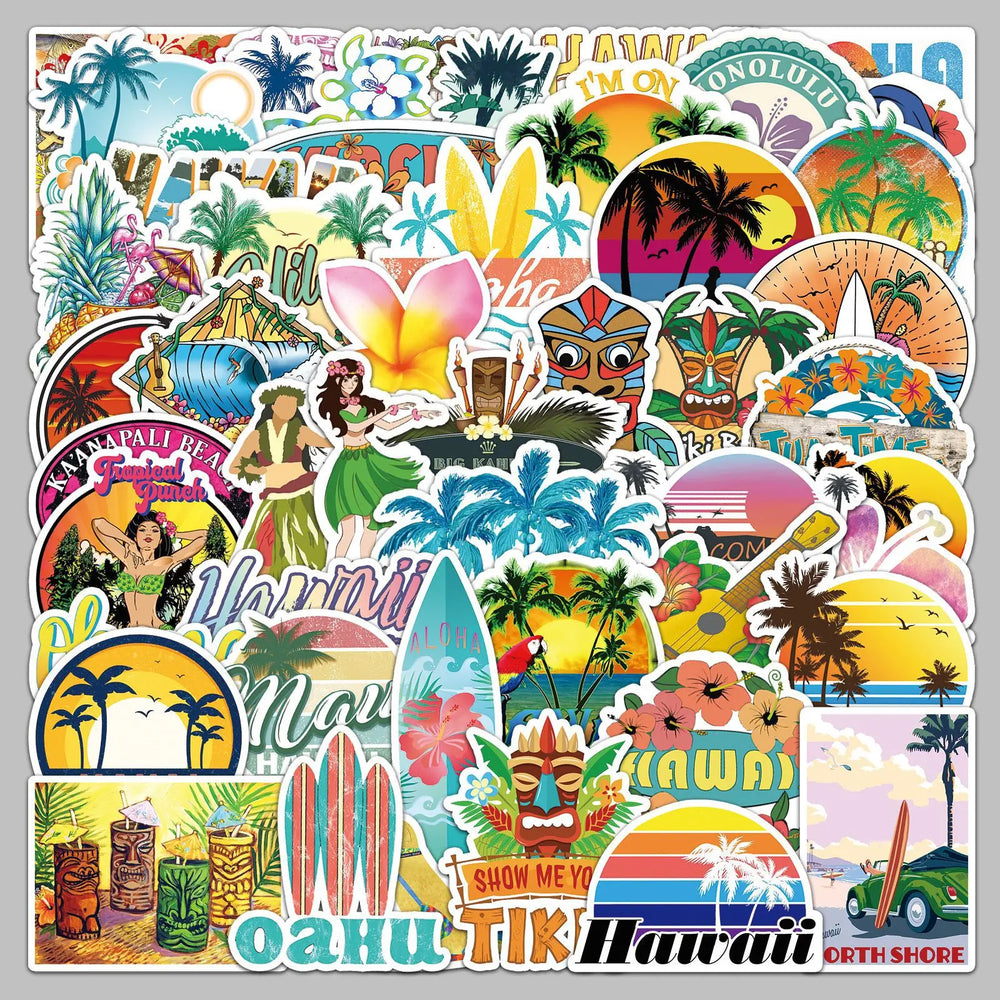 50pcs Cartoon Beach Scenery Stickers for Helmet, Wall, Desktop Decoration (ONLINE ORDER ONLY)