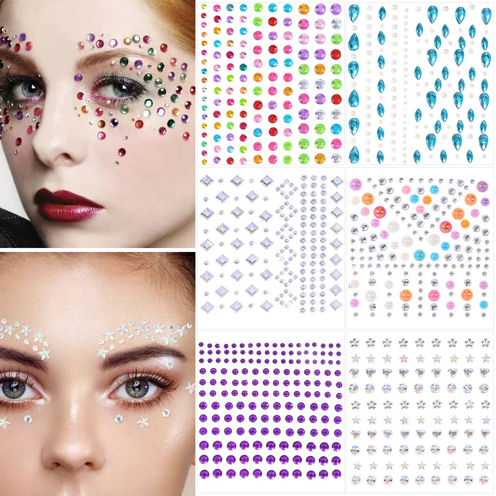 5Pcs Coloful Glitter Face Jewelry Sticker Crystal Eye Body Face Jewels Bady Makeup Tools Temporary Self-Adhesive Nail Rhinestone (ONLINE ORDER ONLY)