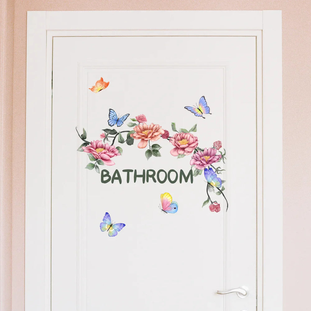 Floral English Bathroom Wall Stickers Creative Door Sticker Toilet Living Room Bedroom Study Decorative Wallpapers Art Decals (Online Order Only)