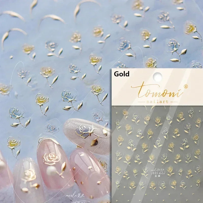 Pale Flower Bouquet Label Bowknot Stationery Sunflower Daisy Leaf 3D Self Adhesive Nail Art Stickers Rhinestone Manicure Decals (Online Order Only)