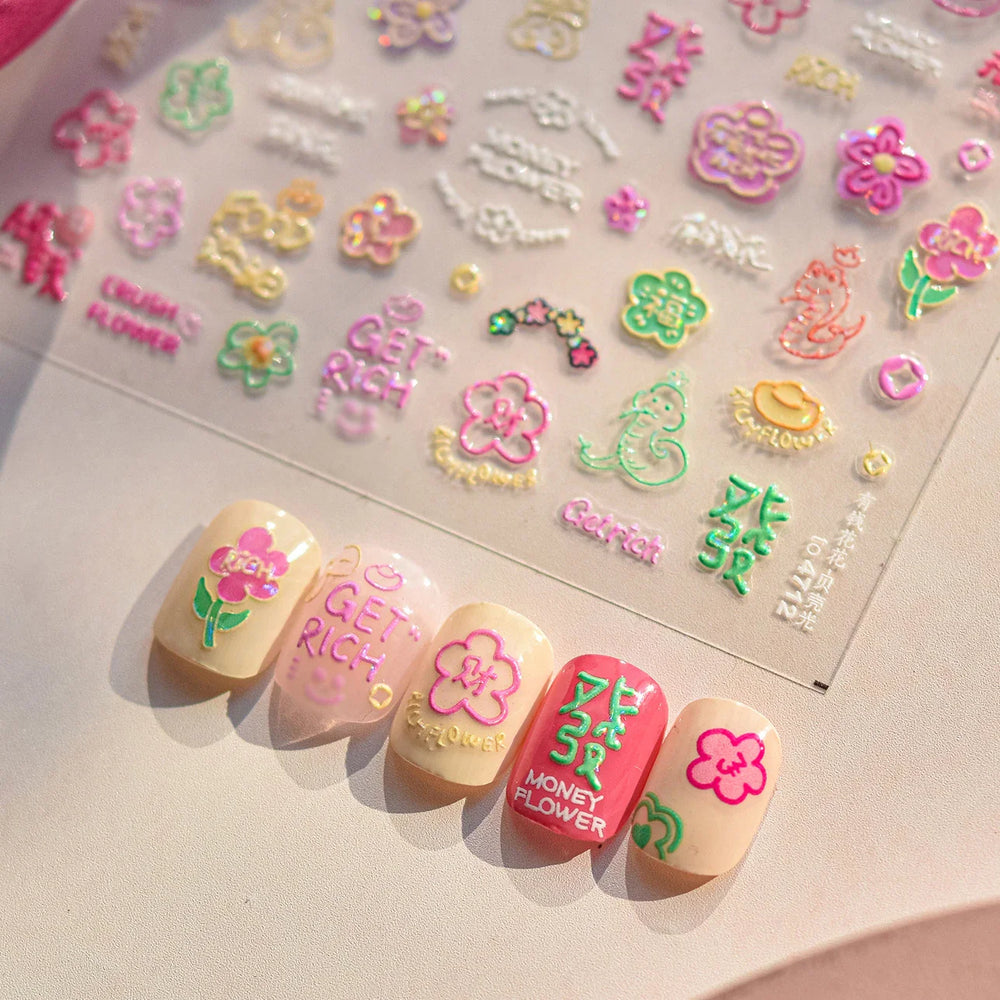 Wealthy Rich Snake Flower Coin Yuanbao Good Luck Blessing Fu Character Self Adhesive Nail Art Stickers Rhinestone Manicure Decal (ONLINE ORDER ONLY)
