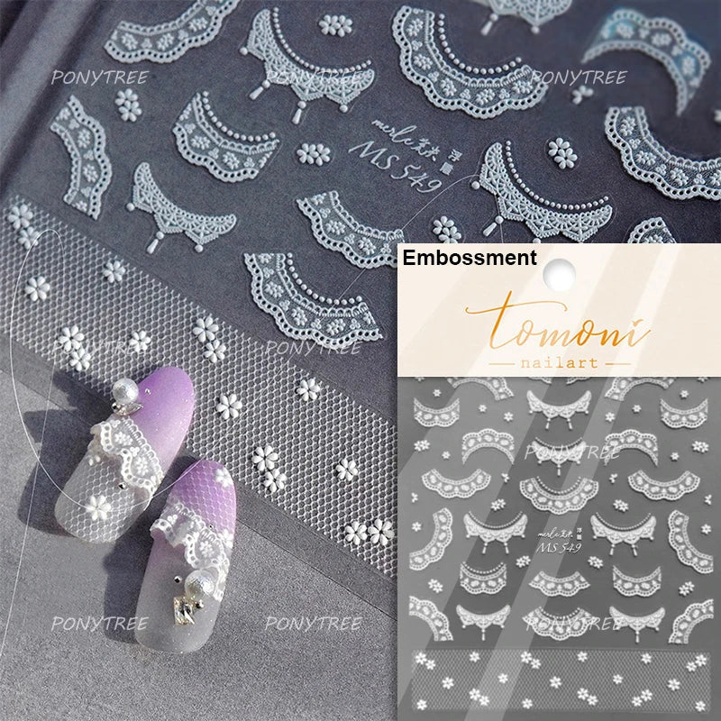 French Romantic Lace Flower Fabric Art Pearl Pendant Portrait Bowknot Textile Printing Delicate Nail Art Stickers Manicure Decal (ONLINE ORDER ONLY)