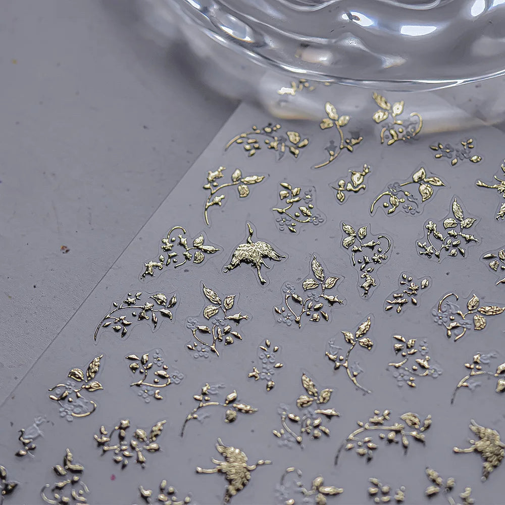 Dried Flowers Rose Butterfly Love Heart Golden Stroke Flying Crane Silver Adhesive Nail Art Stickers Rhinestone Manicure Decals (ONLINE ORDER ONLY)