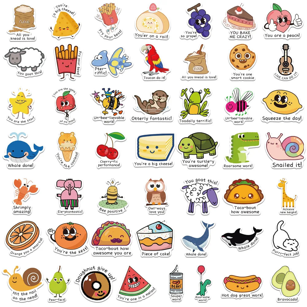 Punny Rewards Stickers - Cute Inspirational Classroom Stickers, Waterproof Kawaii Stickers for Kids, DIY Notebook Toy (50/100pcs) (Online Order Only)