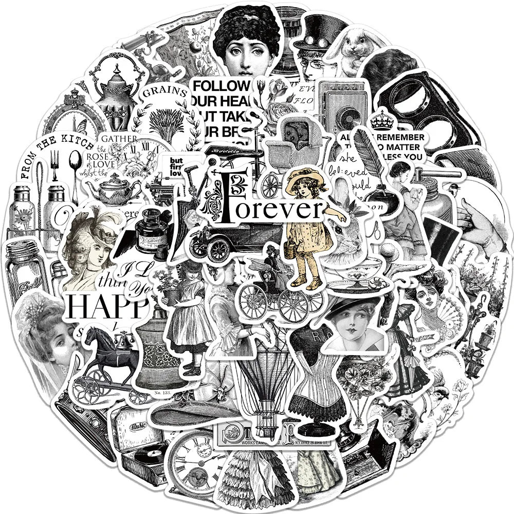 Black White Retro Cartoon Stickers Decals DIY Scrapbook Laptop Guitar Suitcase Car 64PCS (Online Order Only)