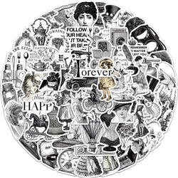 Black White Retro Cartoon Stickers Decals DIY Scrapbook Laptop Guitar Suitcase Car 64PCS (Online Order Only)