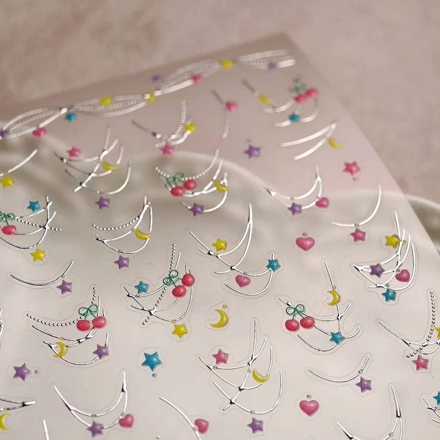 Chic Colourful Star Moon Curved Line Arc Necklace Love Heart Hanging in The Air Cherry Adhesive Nail Art Stickers Manicure Decal (Online Order Only)