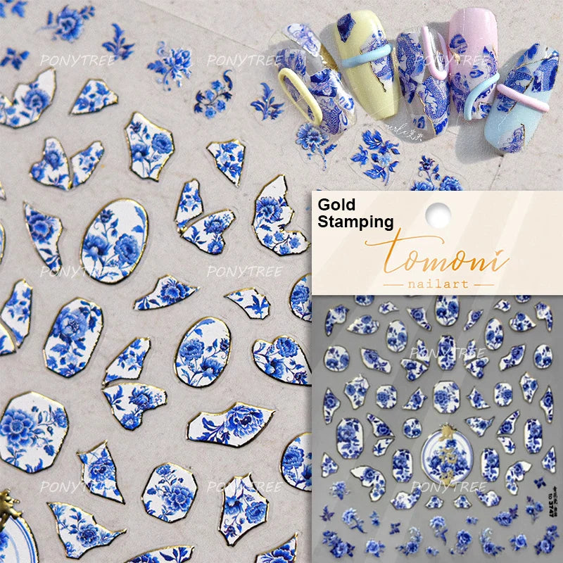 Orchid Daisy Chrysanthemum Peach Blossom Lotus Flower Vase Floral Art Fan Wintersweet Adhesive Nail Art Stickers Manicure Decals (Online Order Only)