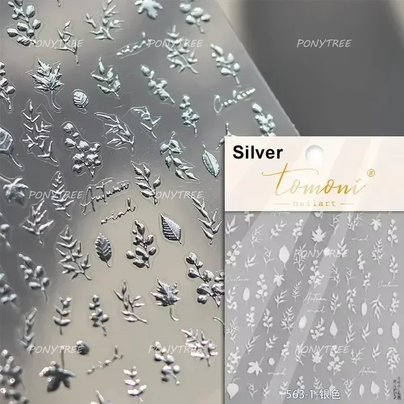 Hot Stamping Silver Rose Gold Tender Leaf Branches Flower Slash Leaves Maple Leaves Ginkgo Plant Flower Nail Art Stickers Decals (ONLINE ORDER ONLY)