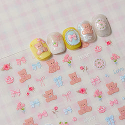 Charming Cherry's Cake Cute Bowknot Pink Blue Bear Flower Bouquet Strawberry Adhesive Nail Art Sticker Rhinestone Manicure Decal (Online Order Only)