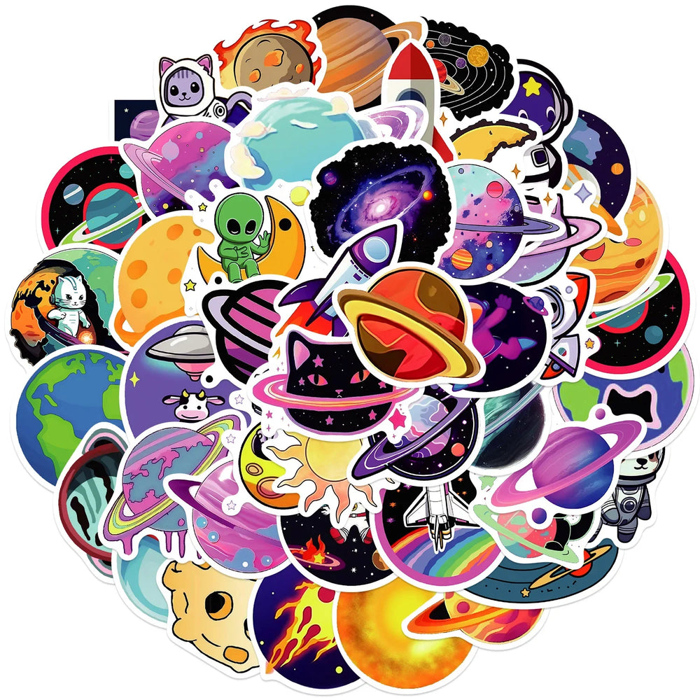 10/30/50PCS Kawaii Planet Cartoon Stickers Rocket Universe Adventure Stickers Cute Animal Decals DIY Laptop Skateboard Kids Toy (ONLINE ORDER ONLY)