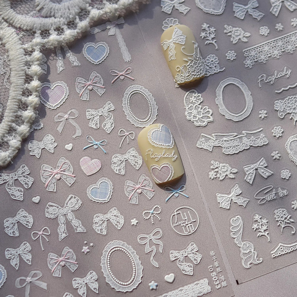Retro Lace Gird Bowknot Love Heart Flower Leaves Fabric Art Photo Frame Embossed Self Adhesive Nail Art Stickers Manicure Decals (ONLINE ORDER ONLY)