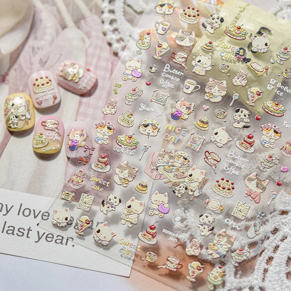 Cute Cat Cherry Sweet Cake Dog Butter Cookie Coffee Strawberry Jam Ice Cream Adhesive Nail Art Decoration Sticker Manicure Decal (Online Order Only)