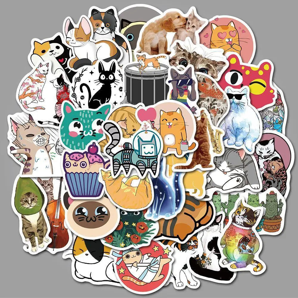 Cartoon Cat Waterproof Stickers for Laptop, Luggage, Car, Fridge, DIY Vinyl (10/30/50 Pcs) (Online Order Only)