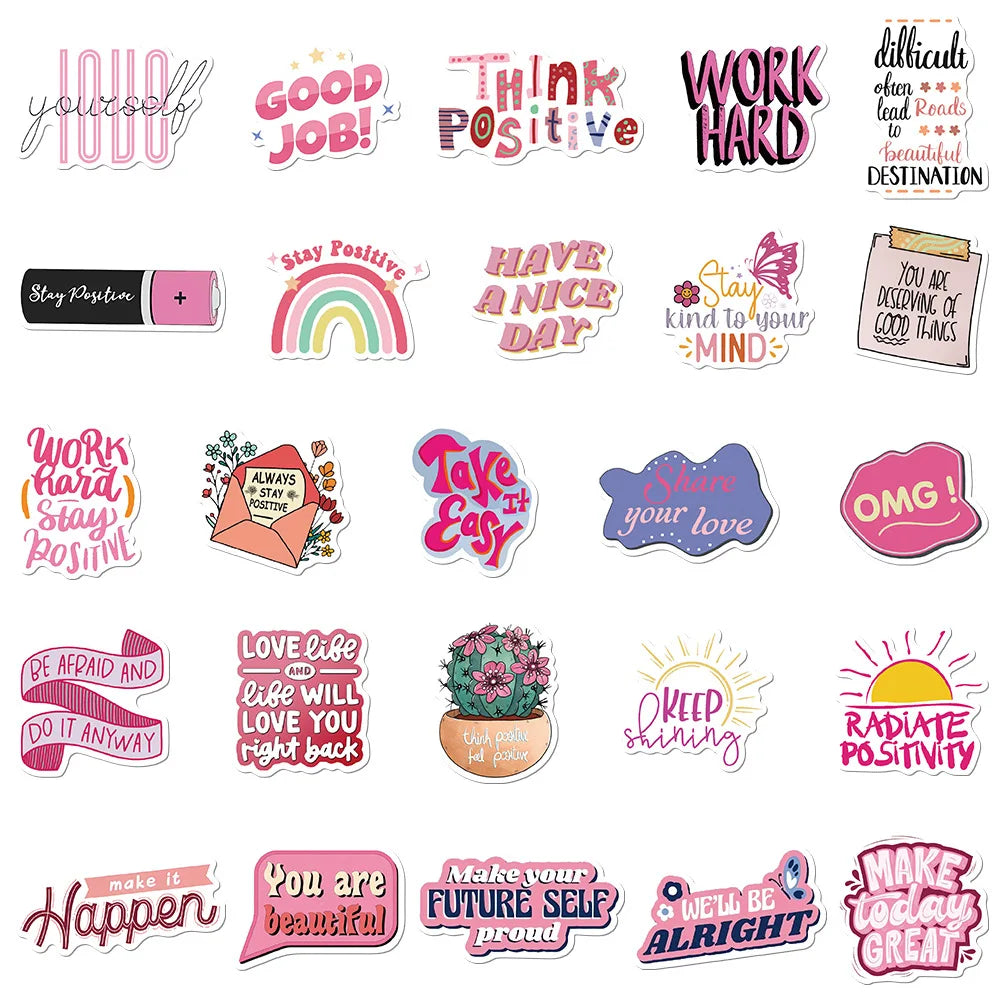 10/50Pcs Cute Pink Inspirational Graffiti Stickers Quote Motivational Phrase Decals Notebook Laptop Phone Aesthetic Decoration (Online Order Only)