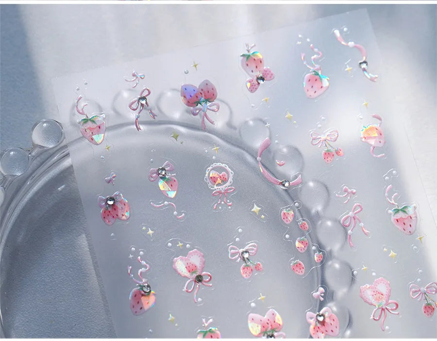 Cute Pink Strawberry Bowknot Star Lesbian Ribbon Fluttering Fruit Rhinestone Relief Adhesive Nail Art Stickers Manicure Decals (ONLINE ORDER ONLY)
