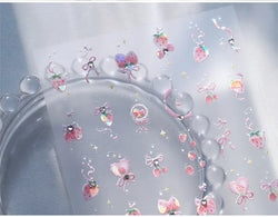 Cute Pink Strawberry Bowknot Star Lesbian Ribbon Fluttering Fruit Rhinestone Relief Adhesive Nail Art Stickers Manicure Decals (ONLINE ORDER ONLY)