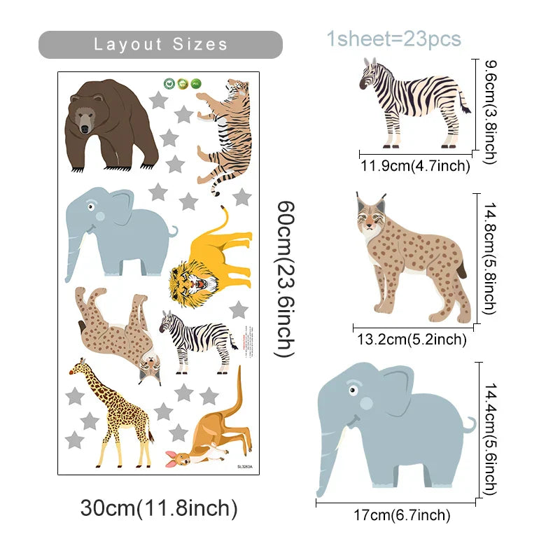 Cartoon African Animal Wall Stickers for Kids Nursery Decor Removable PVC Decals (ONLINE ORDER ONLY)