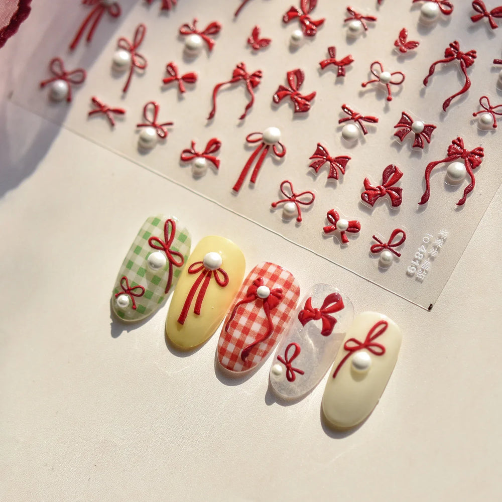 Simple Line Bowknot Red Gold Silver Laser Pink Hot Stamping 3D Self Adhesive Nail Art Stickers Pearl Rhinestone Manicure Decals (ONLINE ORDER ONLY)