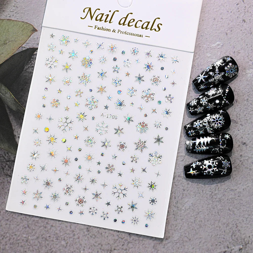 3D Gold Glitter Snowflake Nail Sticker Winter Reflective Elk Star Balloon Christmas Tree Foil Xmas New Year Decal Tips Decoratio (ONLINE ORDER ONLY)
