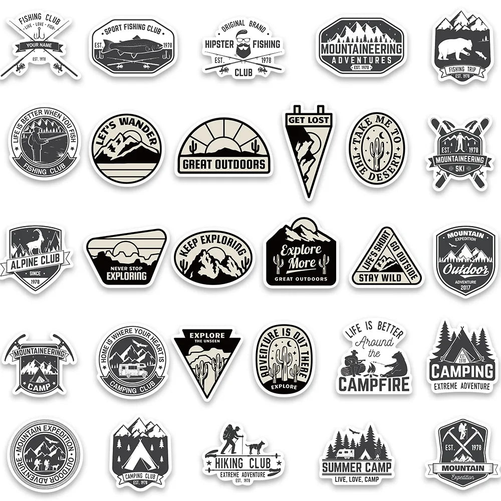 50Pcs Black and White Outdoor Sports Stickers Classic Car Motorcycle Skateboard Phone Laptop Adventure Stickers Wholesale (ONLINE ORDER ONLY)