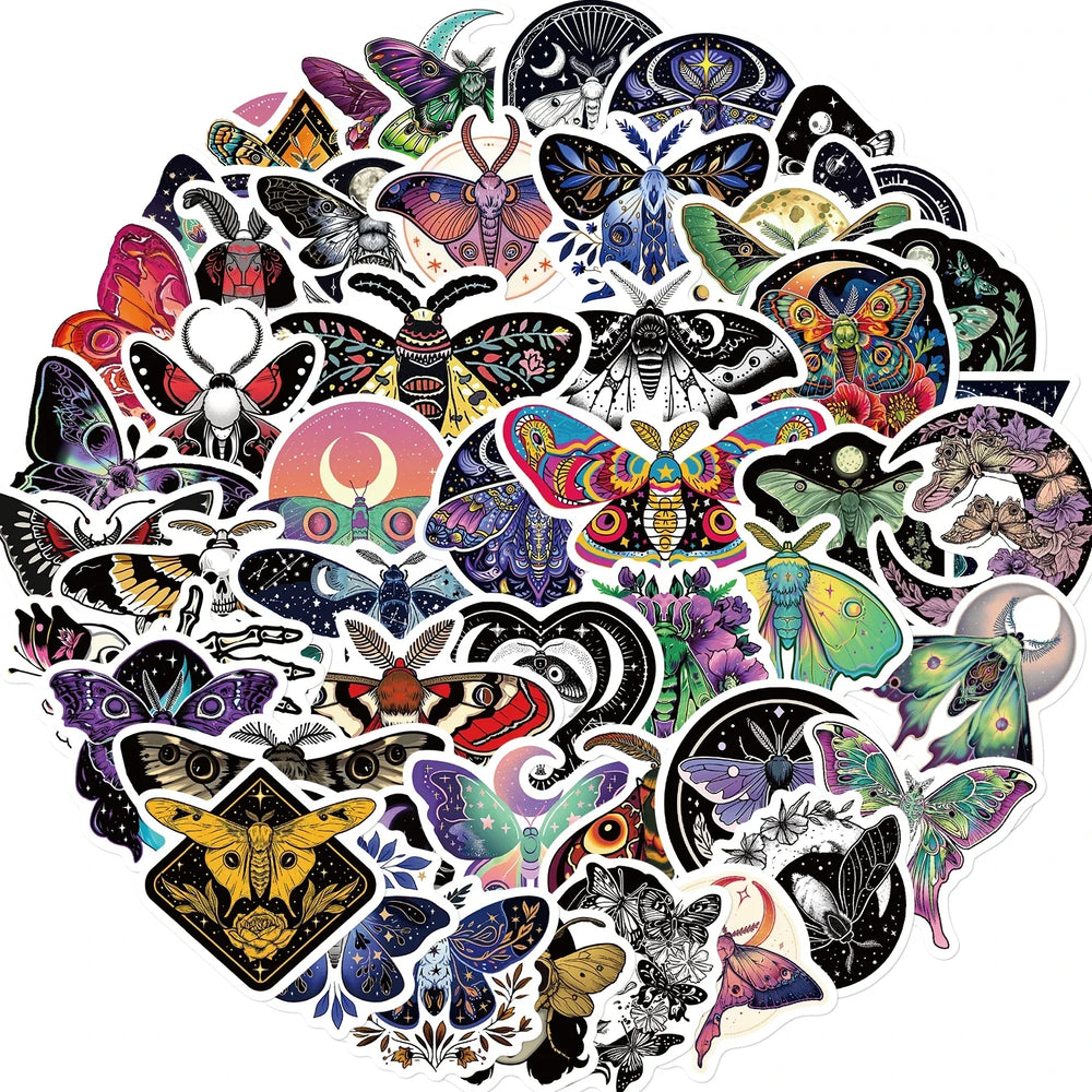 50PCS Moon And Moth Stickers PVC Cartoon Cute Decals Toy Stationery Guitar Phone Aesthetic Decorations Refrigerator Supplies (Online Order Only)