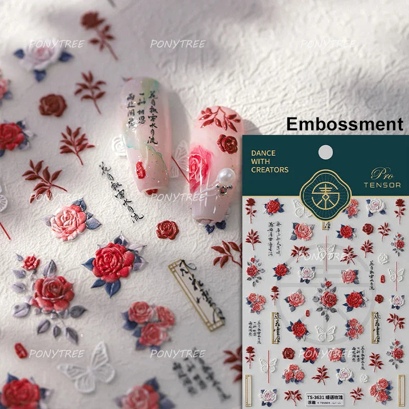 Watercolor Style Rose Flower Colored Rosa Chinensis 3D 5D Flat Reliefs Charming Self Adhesive Nail Art Stickers Manicure Decals (ONLINE ORDER ONLY)