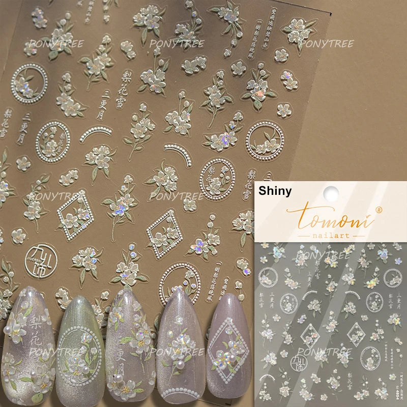 White Flower Colourful Butterfly Pearl Petal Beautiful Garden Charming Plant 5D Self Adhesive Nail Art Stickers Manicure Decals (ONLINE ORDER ONLY)