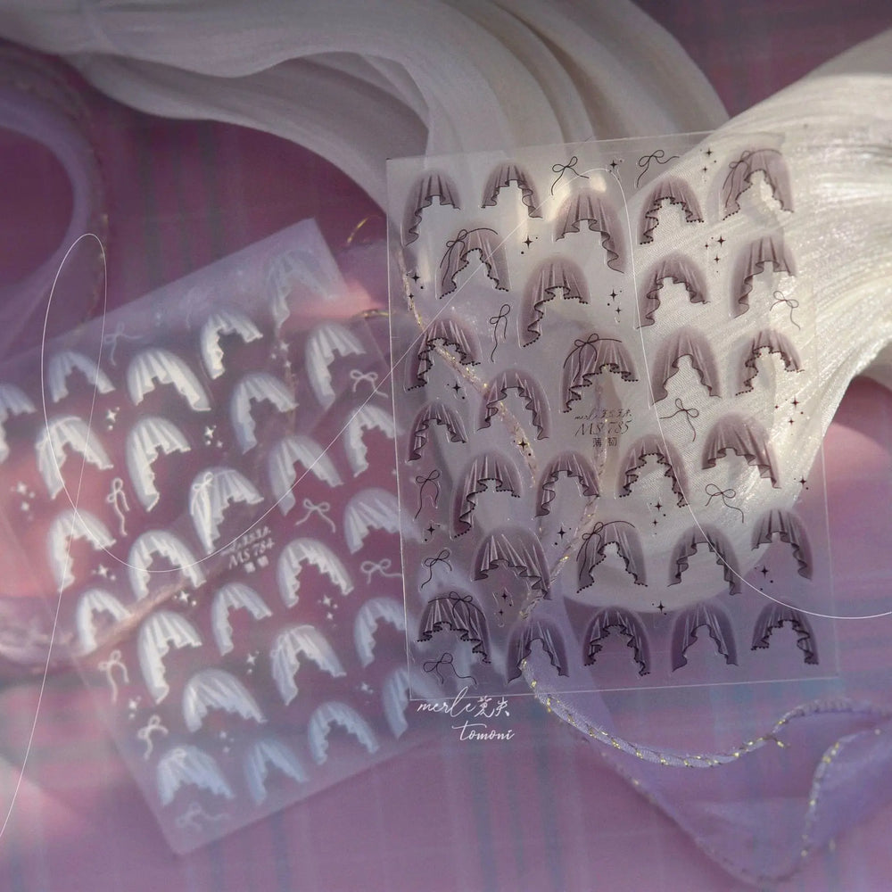 French Skirt Hem Halo Dyeing Purple Pink White Hemline Bowknot Wedding Veil Dreamy Star Adhesive Nail Art Sticker Manicure Decal (ONLINE ORDER ONLY)