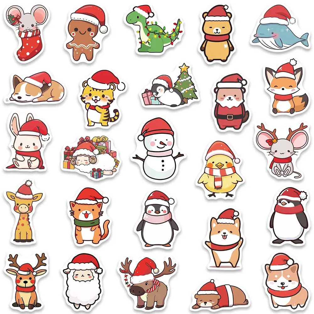 50pcs Cute Cartoon Merry Christmas Animals Stickers For Laptop Water Bottle Luggage Guitar Waterproof Graffiti Vinyl Decals (ONLINE ORDER ONLY)