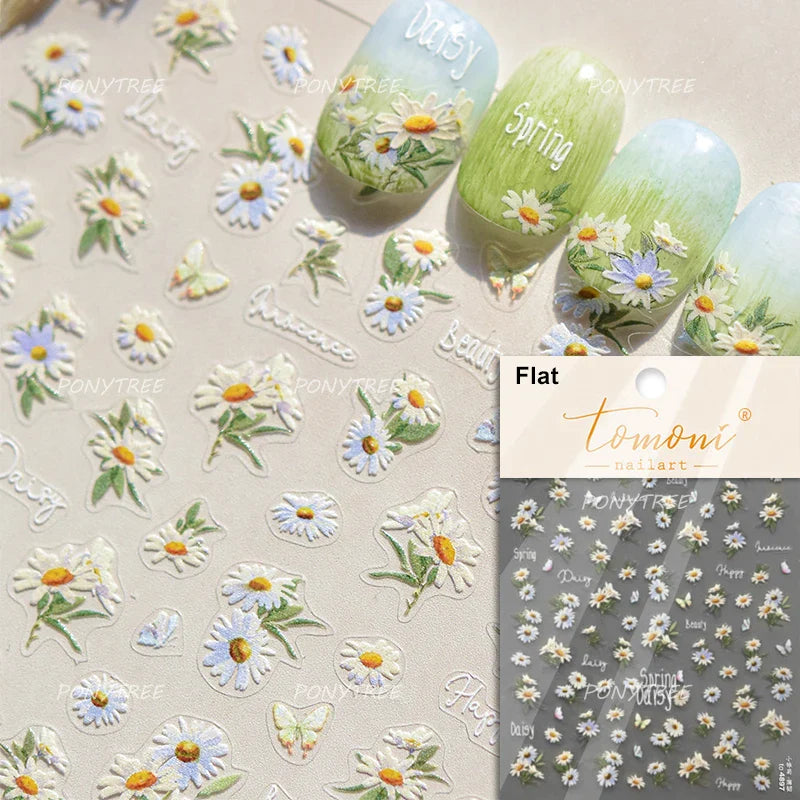 White Daisy Sunflower Green Leaves Wreath Garland Flower Cluster Bouquet Flat Adhesive Nail Art Sticker Manicure Decals Supplies (Online Order Only)