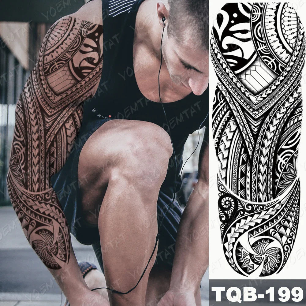 Large Full Arm Sleeve Waterproof Temporary Tattoo Sticker Indian Tribal Machine Turtle Totem Fake Tatoo Body Art Men Women Leg (Online Order Only)