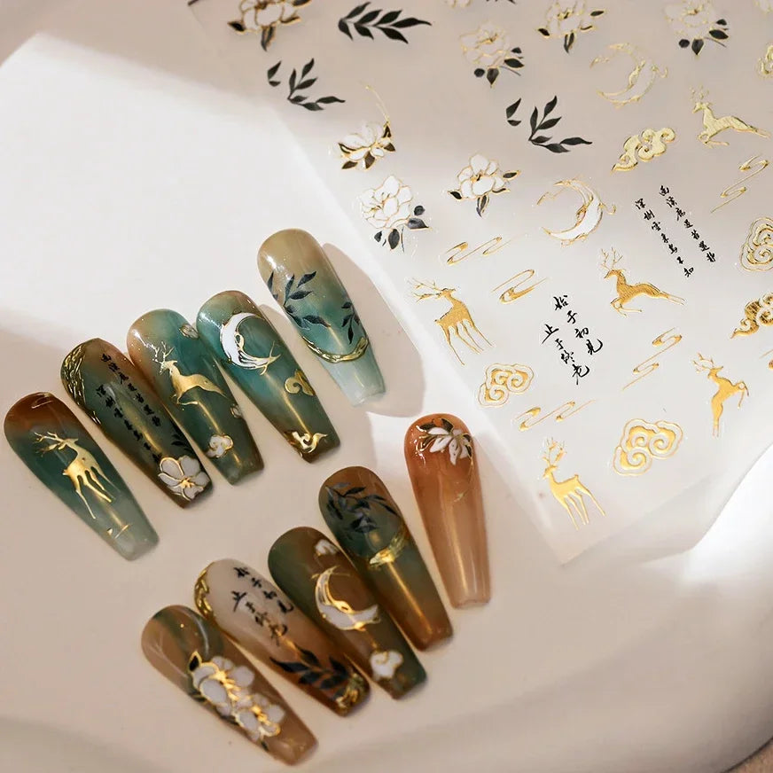 Chinese Style Gold Stamped God Deer Moon Auspicious Clouds Crane Lotus Flower 3D Self-adhesive Nail Art Stickers Manicure Decals (ONLINE ORDER ONLY)