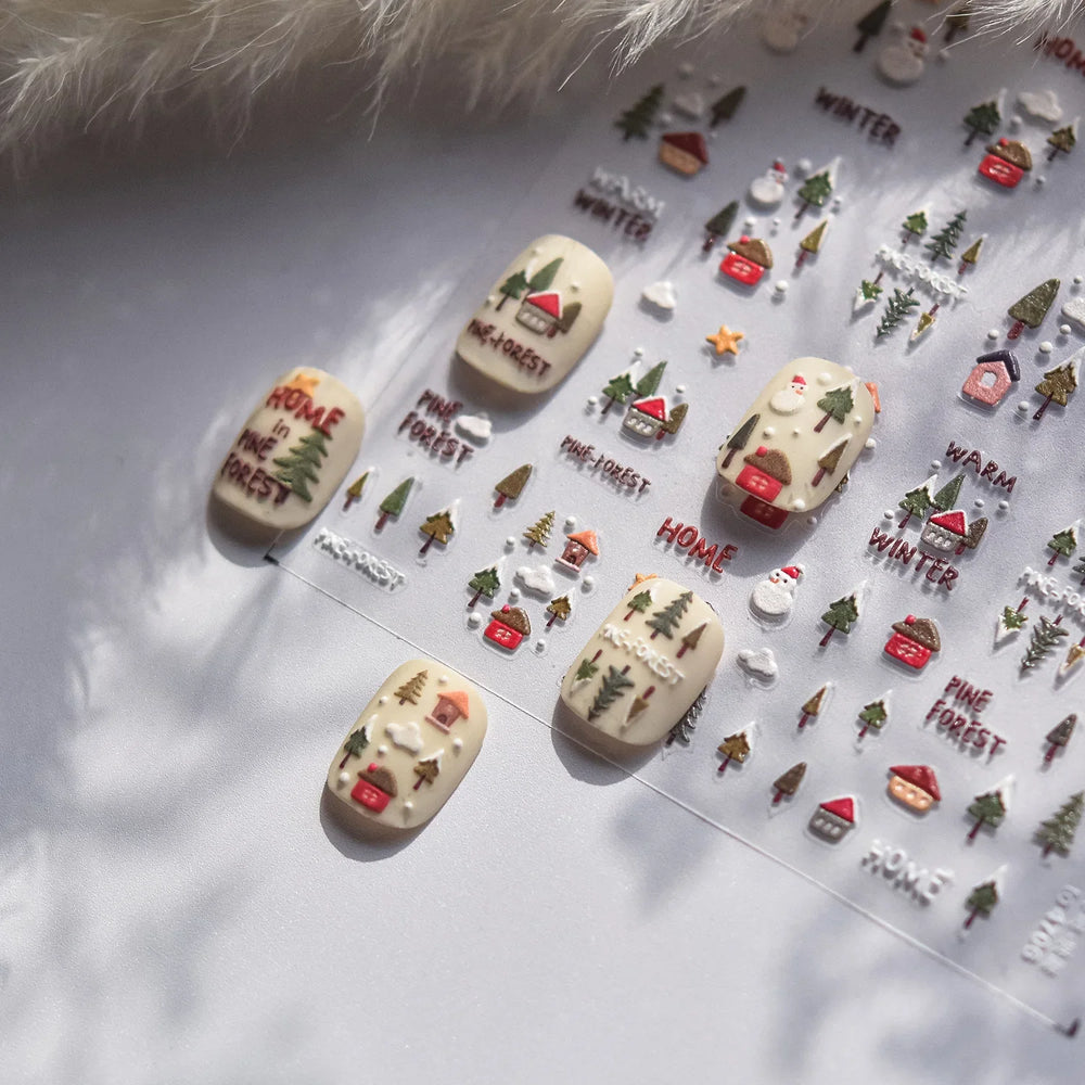 Snowman Tree House Cedar White Pine Forest Warm Winter Cloud Self Adhesive Nail Art Stickers Snowflake Star Snow Manicure Decals (ONLINE ORDER ONLY)