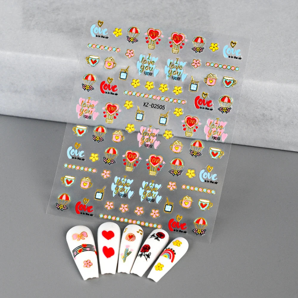1PC Holographic Laser Heart Nail Stickers-3D Self-Adhesive Golden White Valentines Day Nail Decals For Women Nail Art Decoration (ONLINE ORDER ONLY)